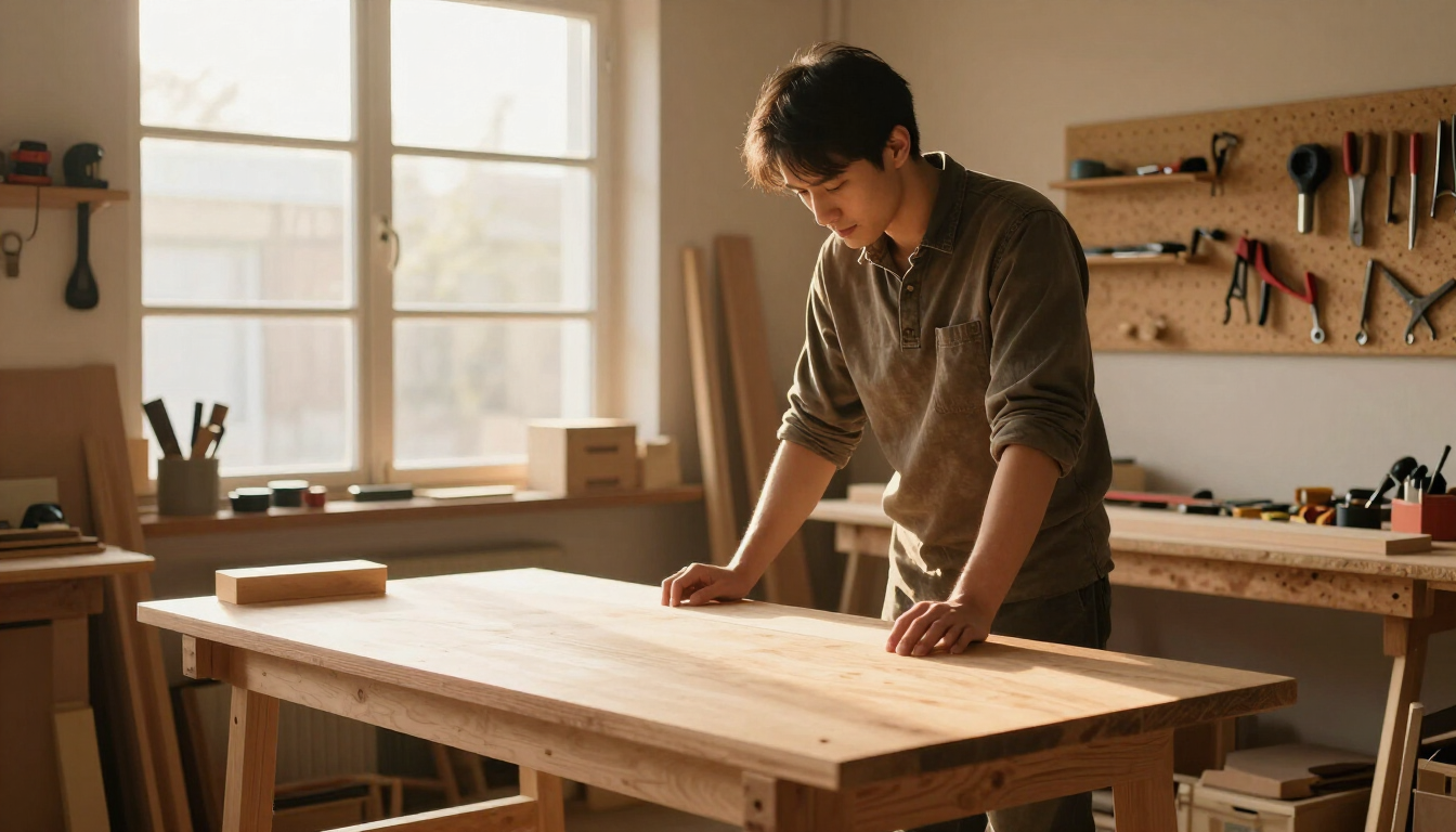 A woodworker standing in a small, tidy workshop at golden hour, warm light streaming through a window, hand resting on a freshly built workbench with tools organized on the pegboard behind