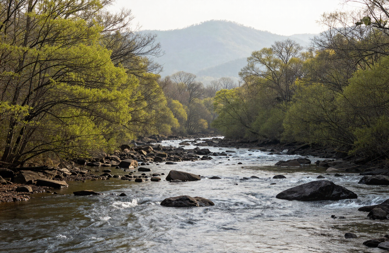 El New River a principios de primavera con brotes verdes frescos en los árboles y las montañas Blue Ridge brumosas al fondo