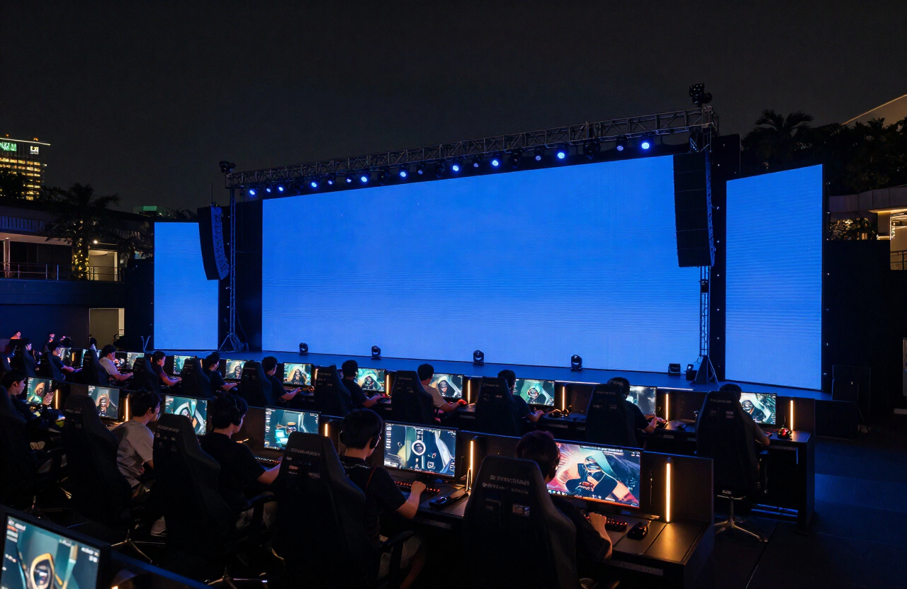 Esports arena in Singapore with blue LED stage screens at night