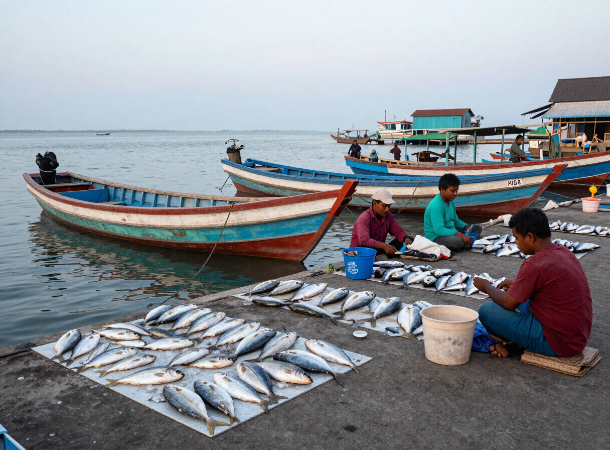 Hasil laut segar di pasar ikan tradisional Pelabuhan Ratu, Jawa Barat