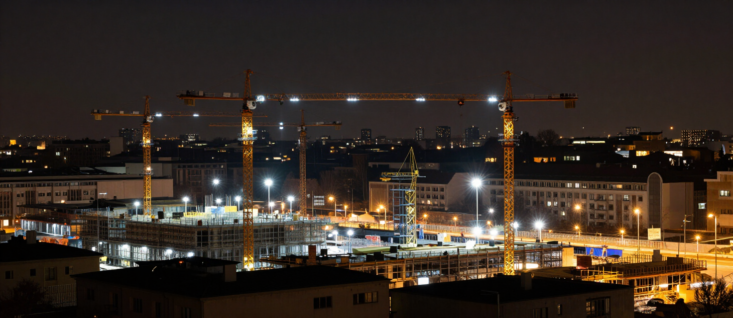 Cantiere illuminato di notte a Milano con gru e skyline della città