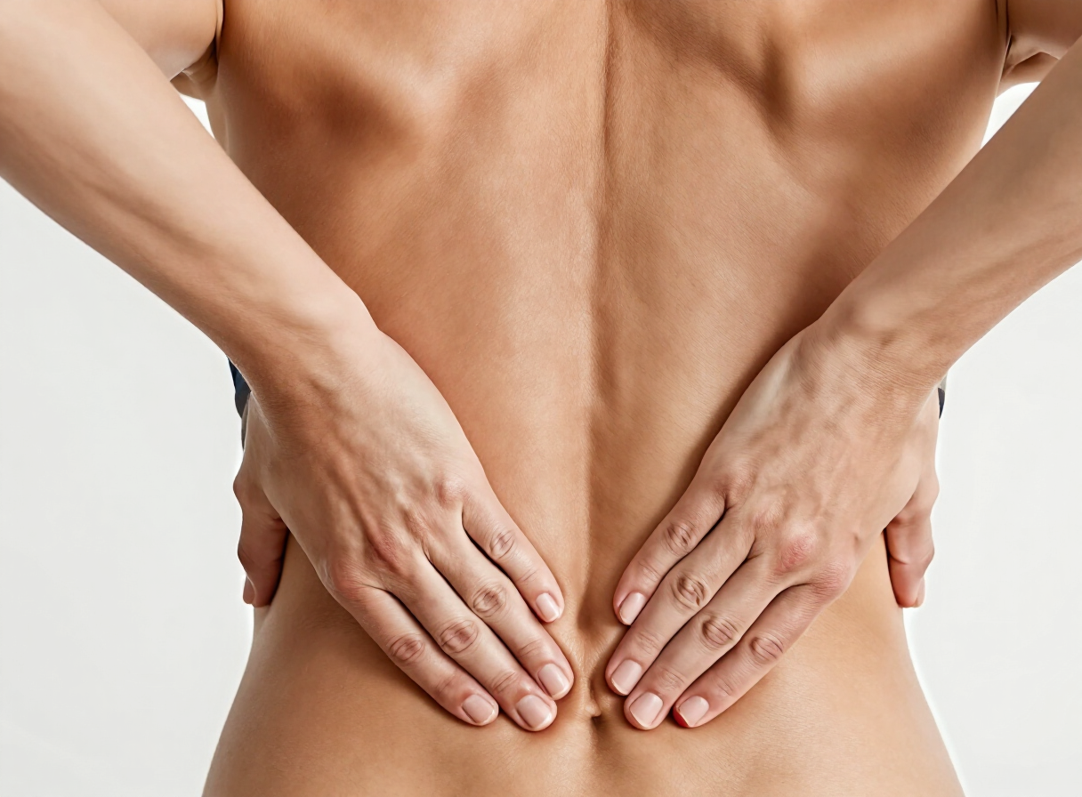 Hands resting on the lower back during recovery