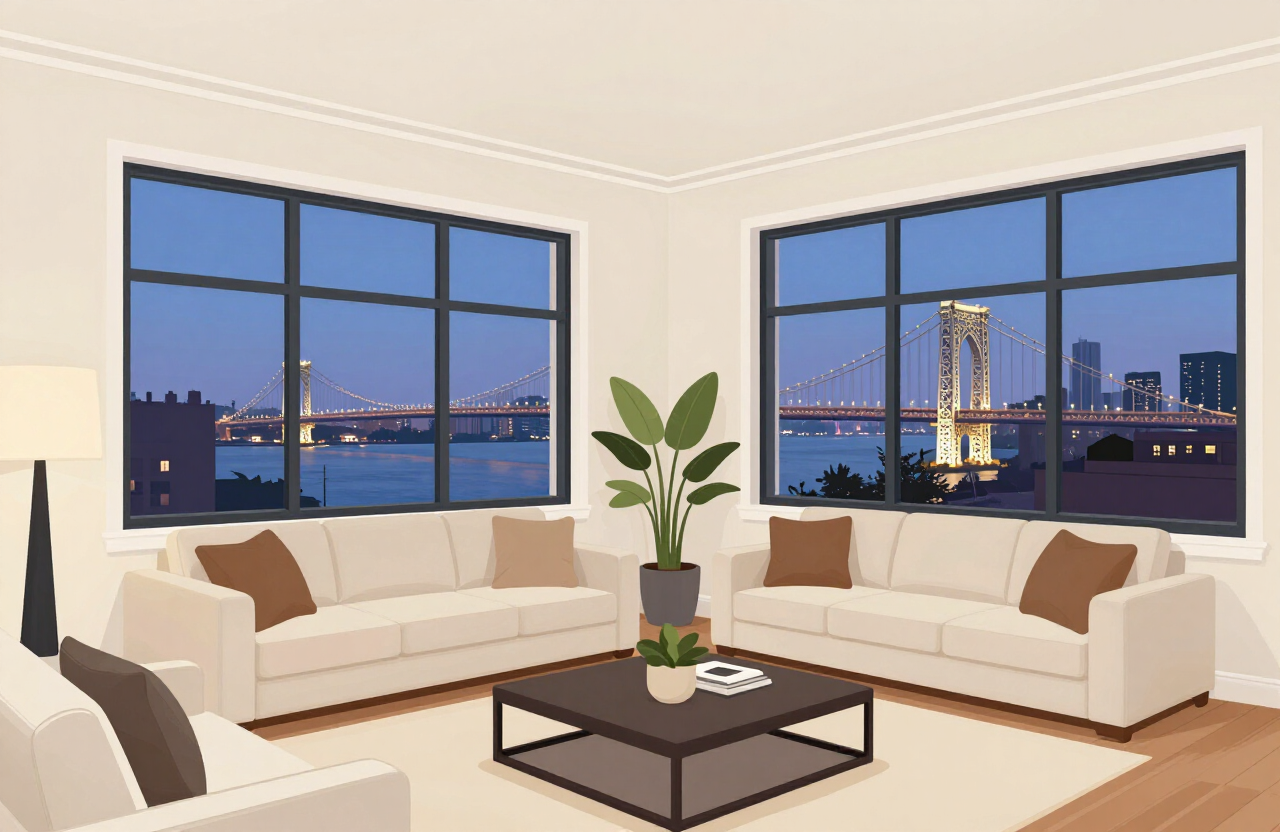 Illustrative finished neutral Fort Lee NJ high-rise condo living room with freshly painted warm off-white walls, crisp white trim, and George Washington Bridge view at dusk