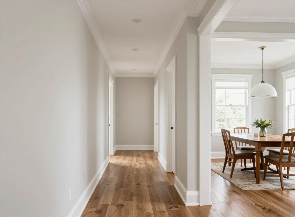 Illustrative image of a freshly painted older New Jersey home hallway and dining room with crisp white baseboards, crown molding and neutral walls — not a specific verified New Milford project
