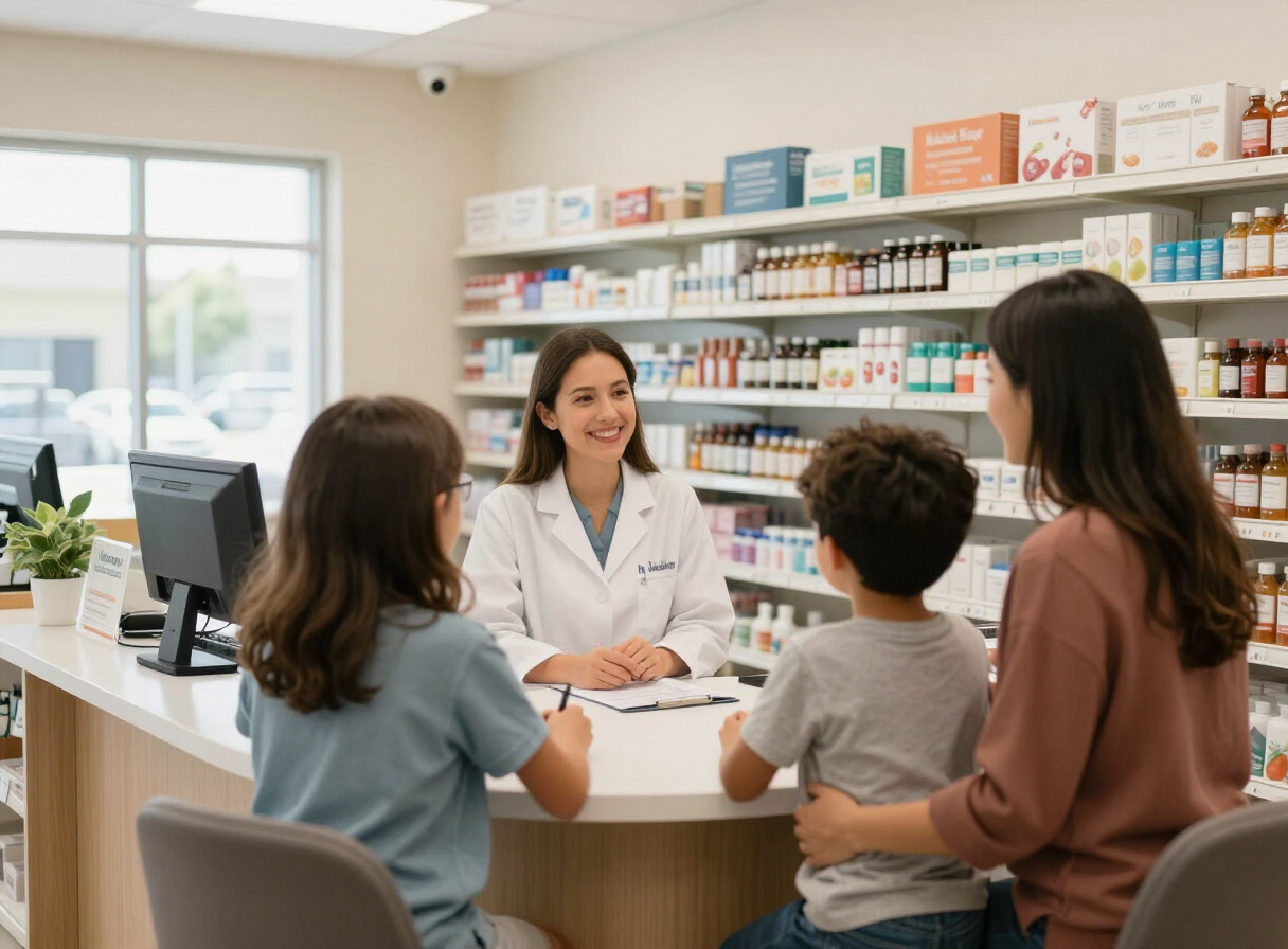 Pharmacist speaking with a family
