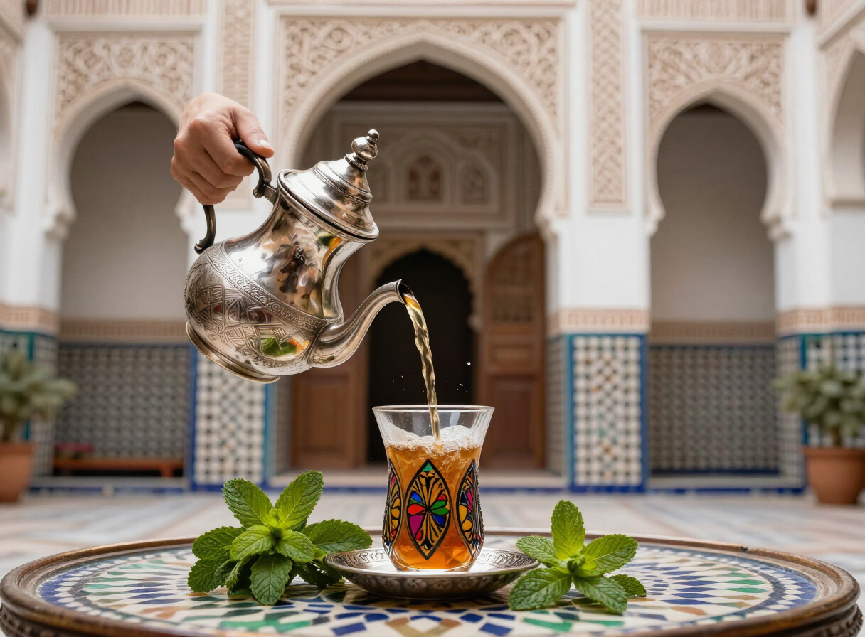 Moroccan mint tea poured from a silver teapot into an ornate glass