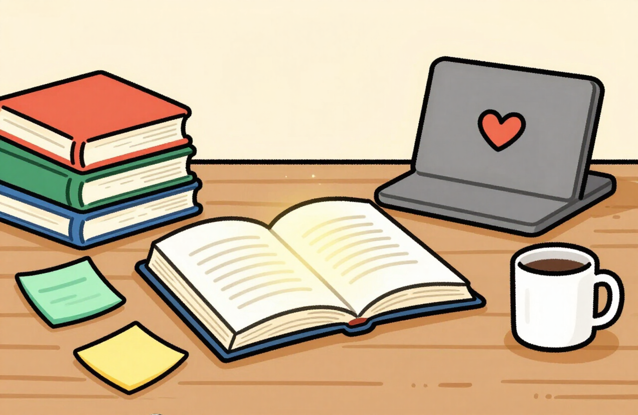 Hand-drawn illustration of the Survival Guide lying open on a charity office desk beside a laptop, sticky notes and a coffee mug