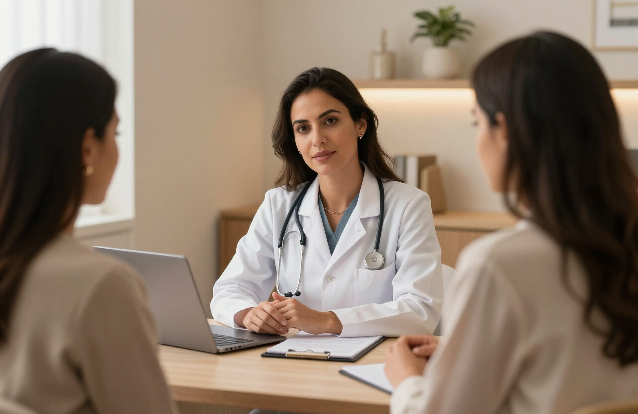 Profissional de saúde ouvindo paciente com atenção durante consulta em consultório acolhedor