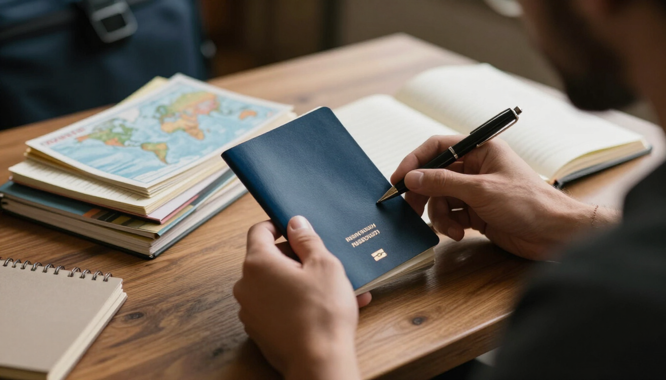 Traveler preparing an open passport and international travel documents on a desk before an international trip