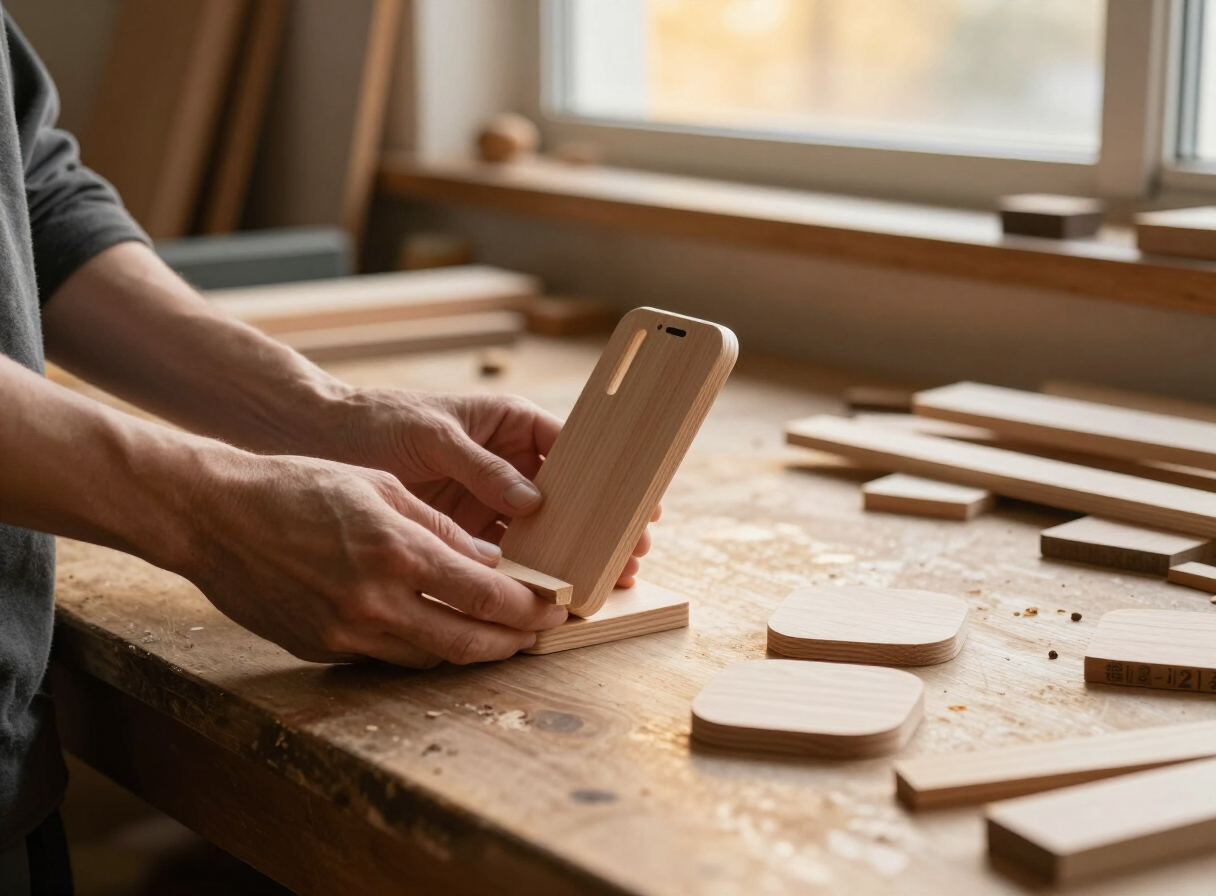 A woodworker's hands holding a small finished scrap wood phone stand and coasters on a workbench surrounded by organized scrap wood pieces, warm golden hour light through a workshop window