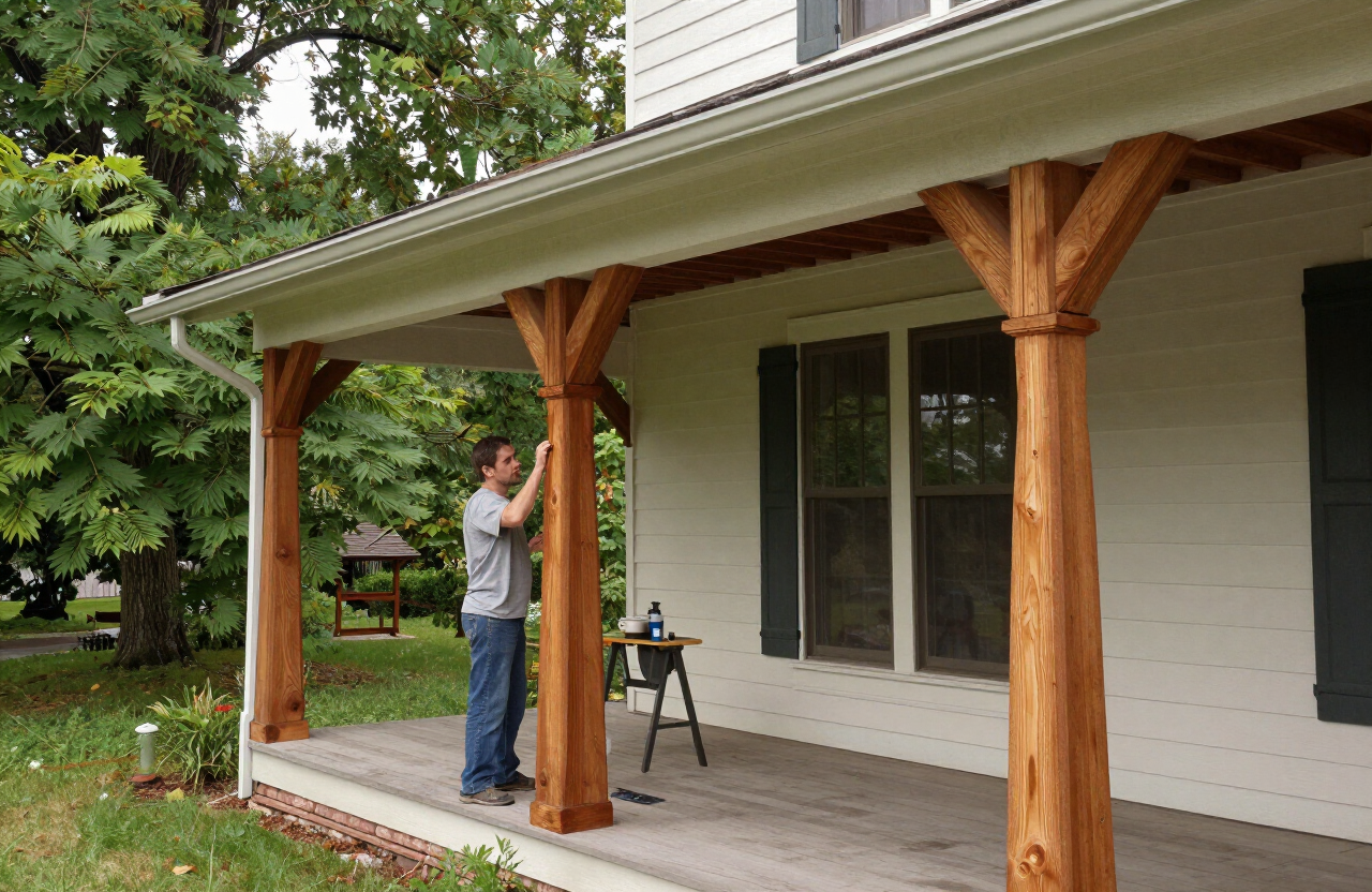 Painter staining exposed wood details on a Rutherford NJ Craftsman home porch
