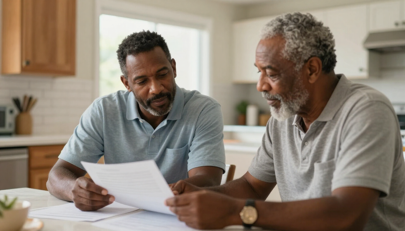 A middle-aged son helping his elderly father review paperwork at a kitchen table