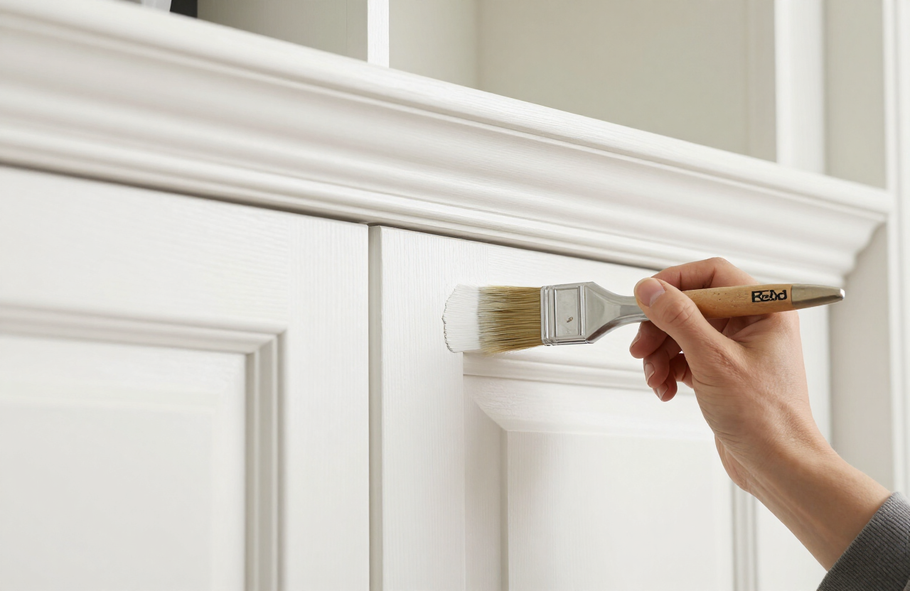 Illustrative fine-finish painter hand-brushing premium enamel on detailed paneled library millwork in an Englewood NJ estate
