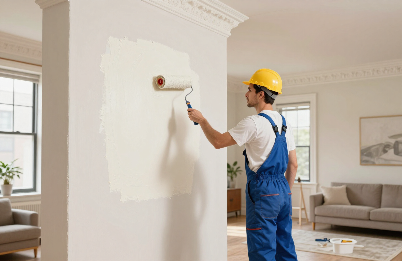 Illustrative painter rolling fresh paint onto a plaster wall in a bright Hoboken brownstone living room