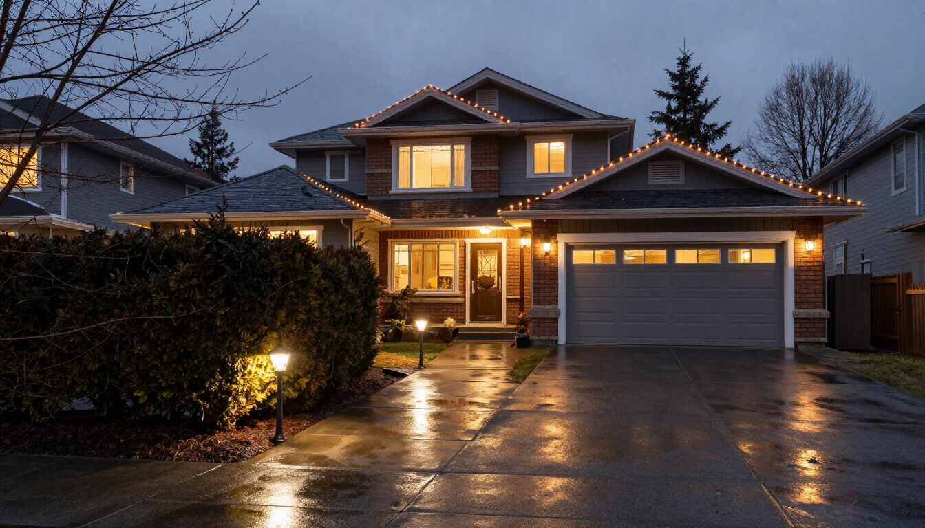 Yard Christmas lights in Surrey with tree wrapping, entrance lights, and grounds seasonal presentation.