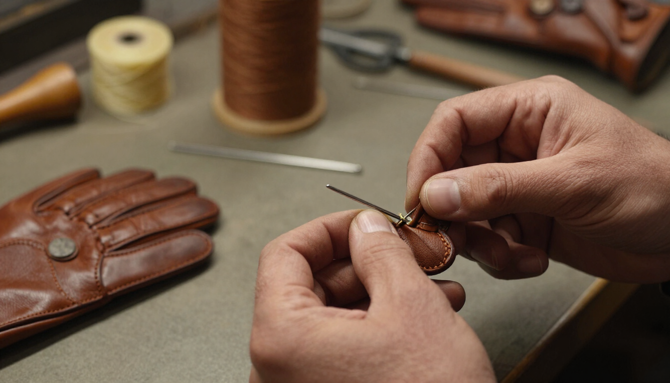 Craftsperson stitching a premium leather glove