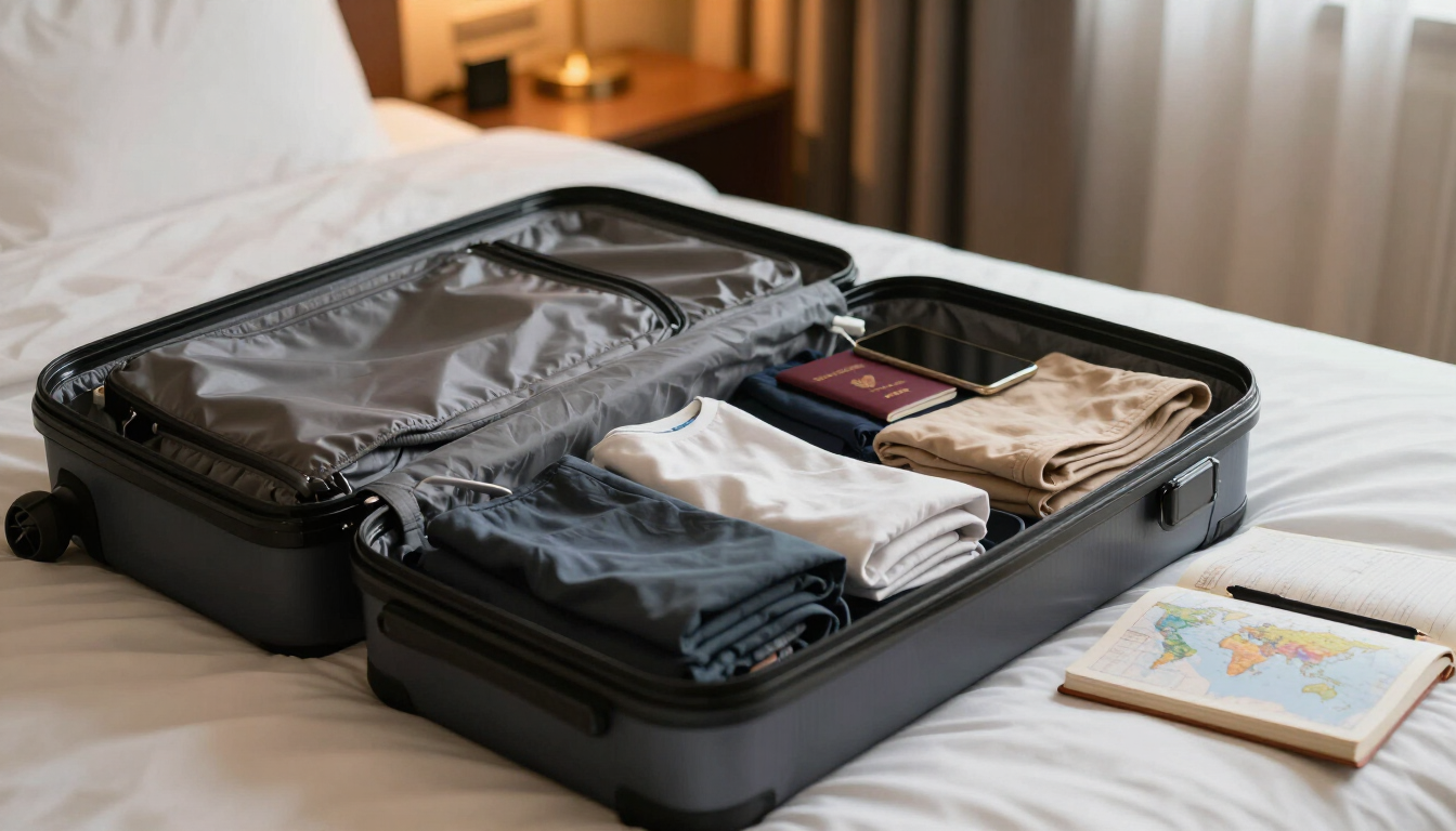 International traveler organizing an open suitcase with neatly folded clothing, toiletry bag, passport, phone, and charger adapter before a trip