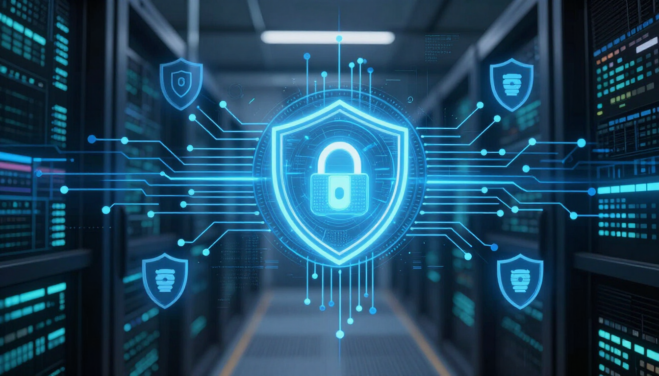 Cybersecurity digital protection with blue circuit patterns and network nodes