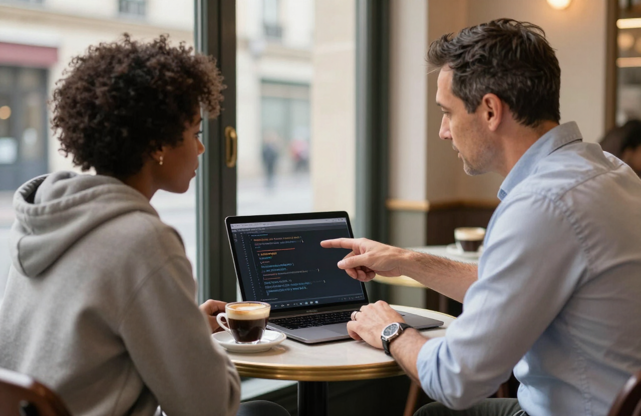 Un moment d'échange autour d'un café : un professionnel aide un étudiant à visualiser son futur métier.