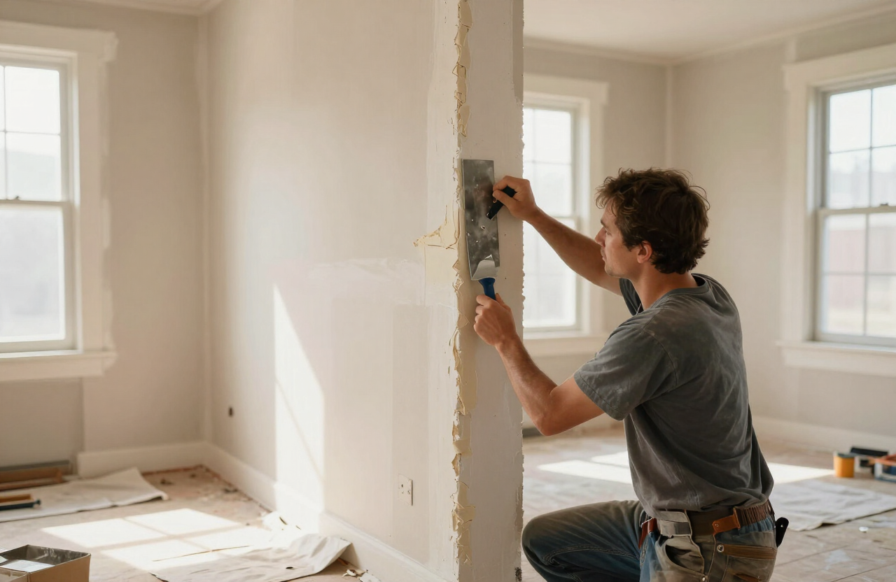 Illustrative image of a worker applying joint compound to a patched wall seam in an older Northern New Jersey home interior — not a specific New Milford project.