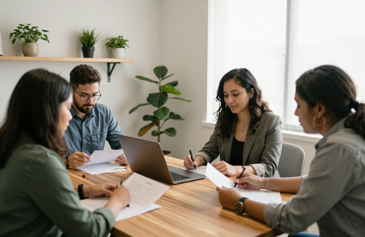 A hiring team reviewing candidate notes around a table in a bright office