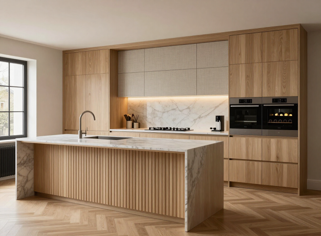 Fluted Oak & Quartzite — Kitchen by HS Kitchens Studio, New York