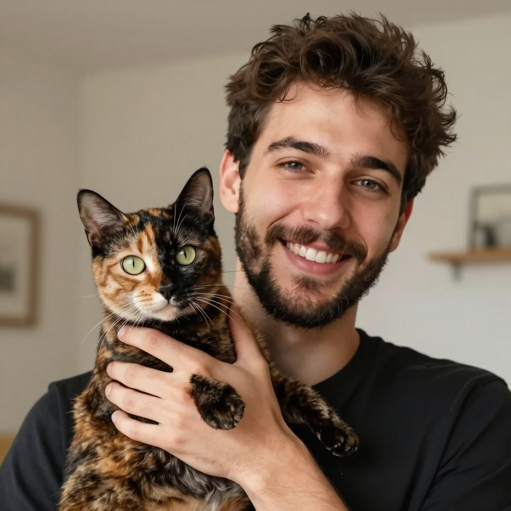 Thomas avec Praline, animal adopté