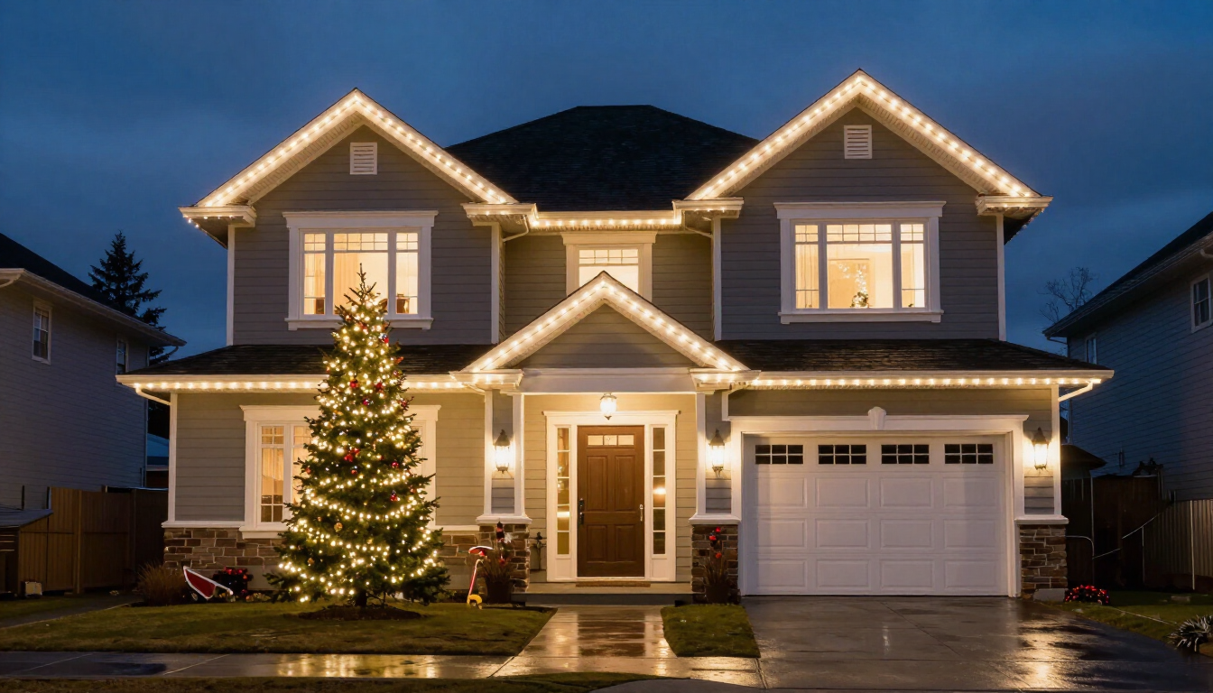 Classic white Christmas lights in Surrey with timeless seasonal lighting and personalized soffit light scheme.