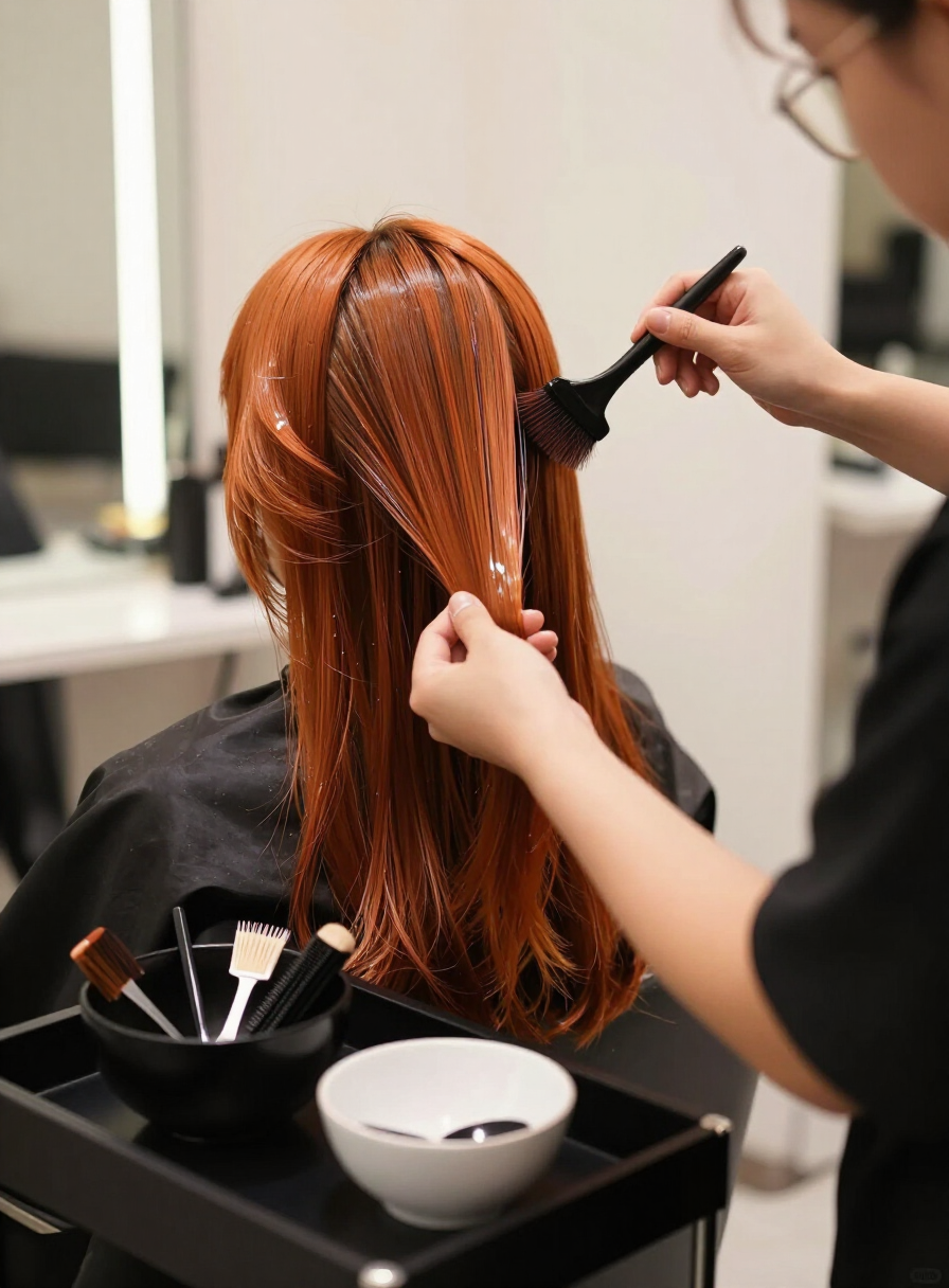 Colorista che applica una nuance rame con il pennello sui capelli di una cliente