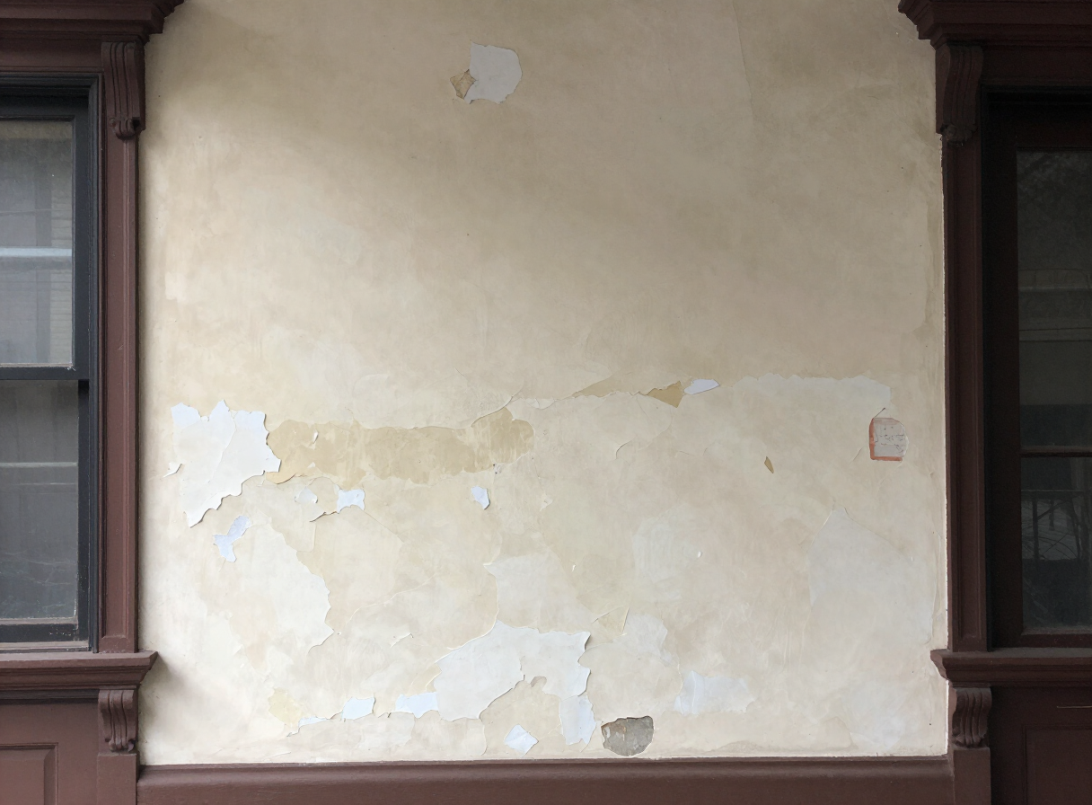 Damaged brownstone wall in Hoboken NJ with old patches and peeling paint before repair
