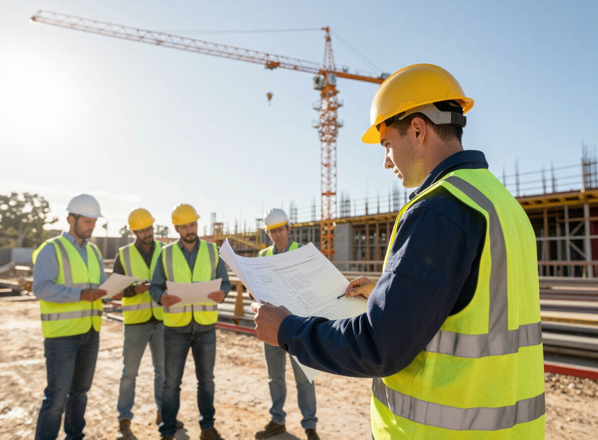 Construction crew in branded hi vis workwear on an Australian building site