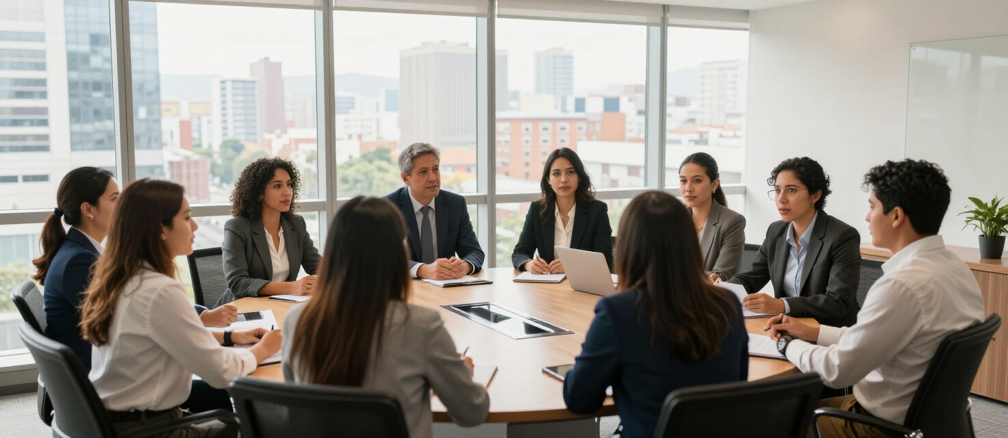 Equipo de profesionales de TEMPOMETA en gestión humana reunido en una oficina moderna en Colombia