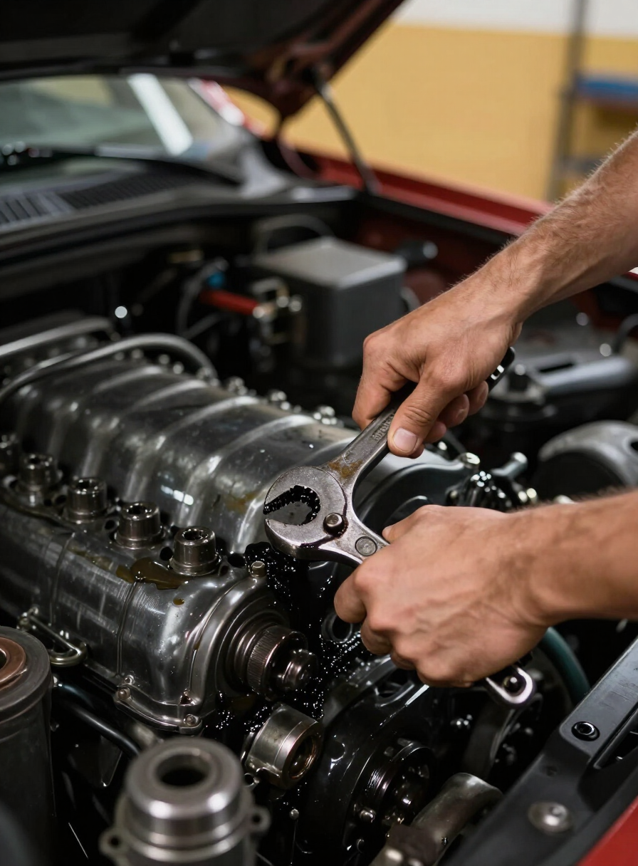 Hands working on a muscle car engine with MCM gear visible