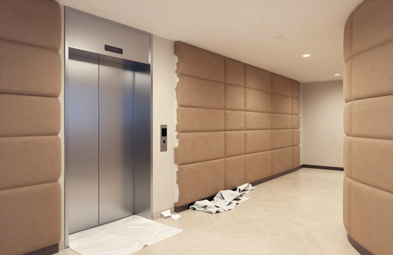 Illustrative service elevator and padded hallway in a Fort Lee NJ high-rise condo building during painting work