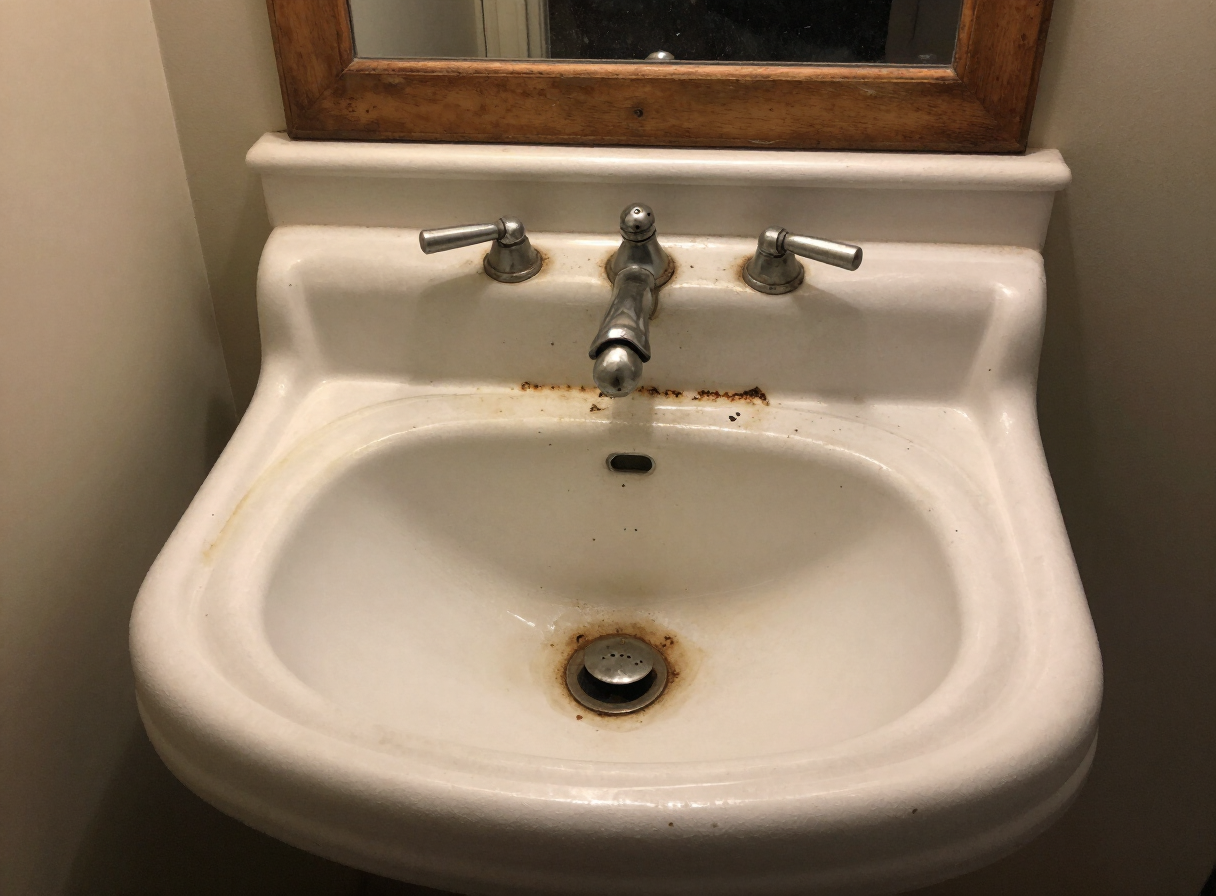 Old damaged rusty bathroom sink before replacement
