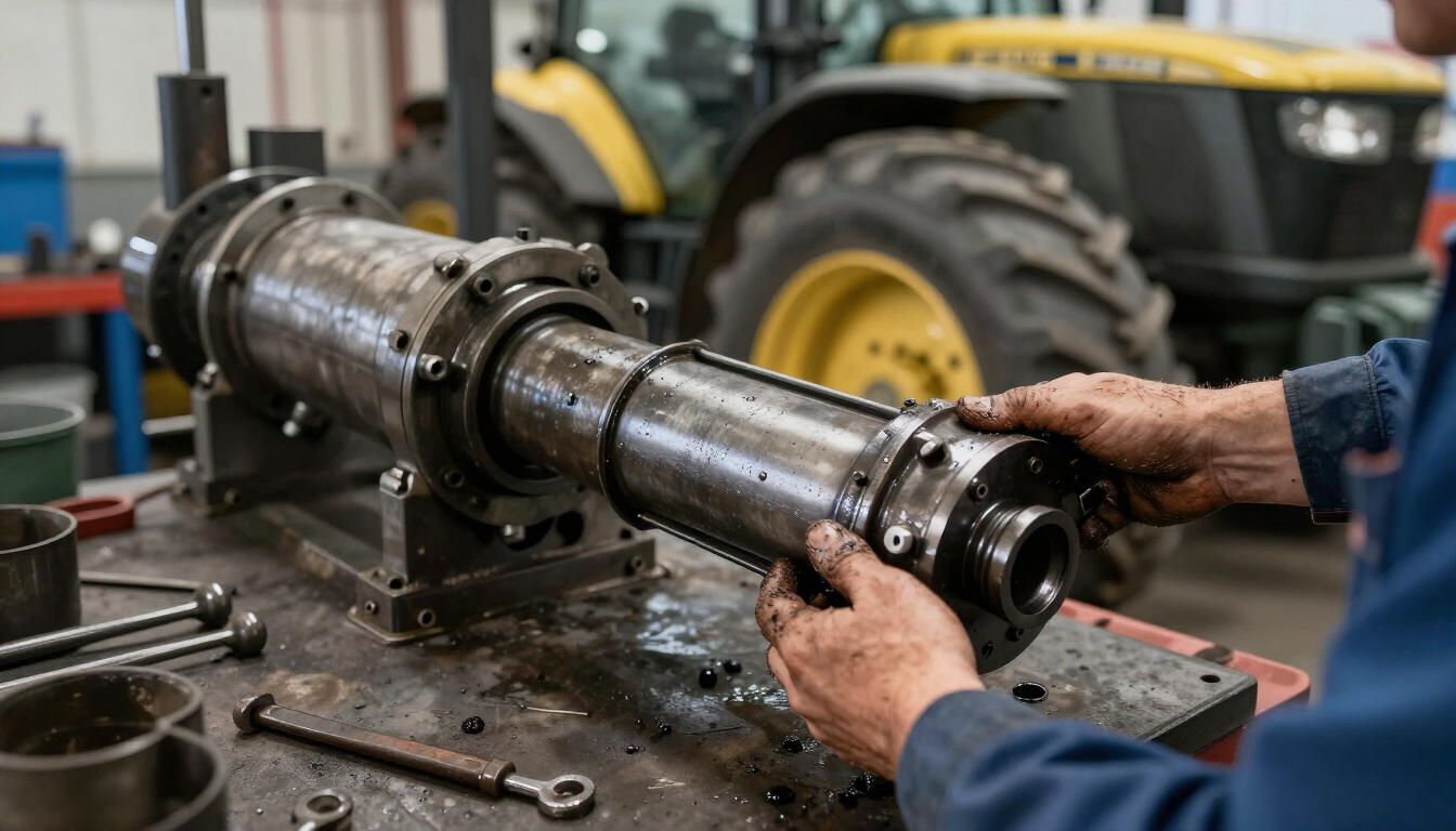 Mechanic rebuilding a hydraulic cylinder on a tractor in a heavy equipment repair shop