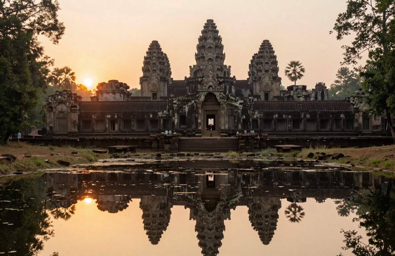Ancient temple ruins at Siem Reap, Cambodia reflected in water at sunrise
