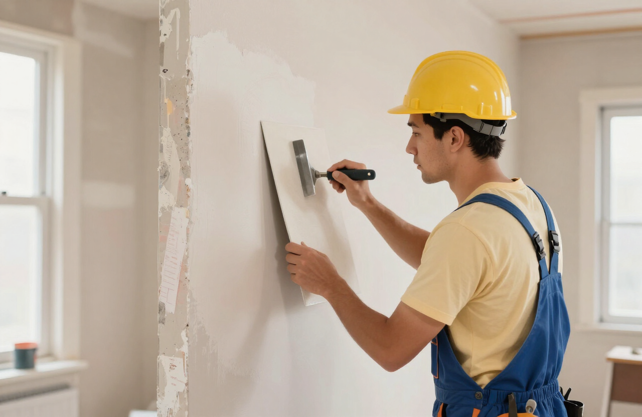 Illustrative drywall repair specialist skim-coating and patching a wall in a Fort Lee NJ condo before painting
