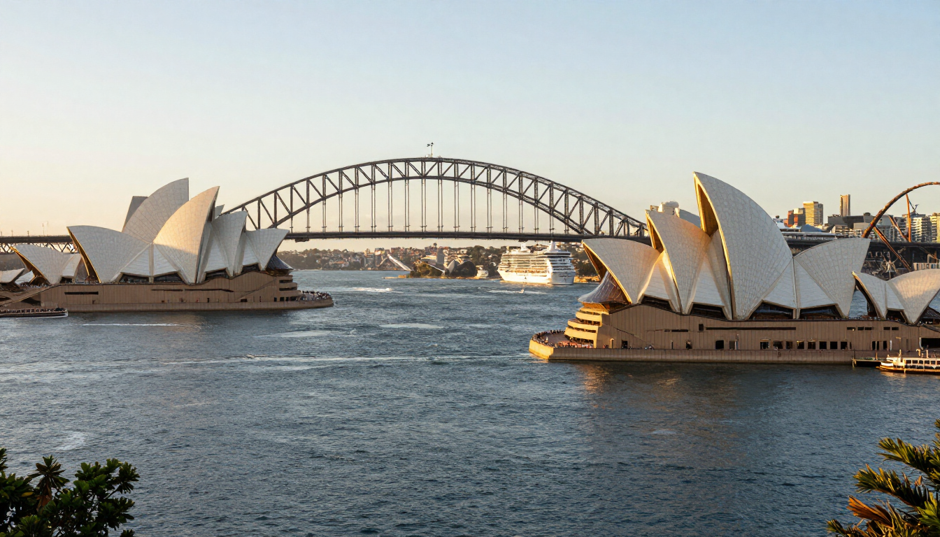 Cruise ships docked at Sydney Harbour near the Sydney Opera House and Harbour Bridge, Australia