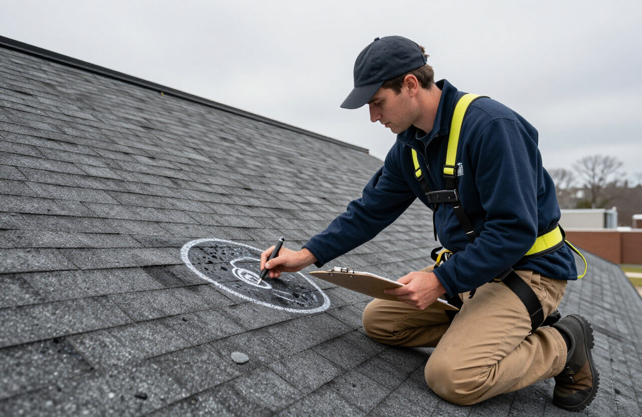 Storm Doctor inspector marking hail damage on an Ohio roof