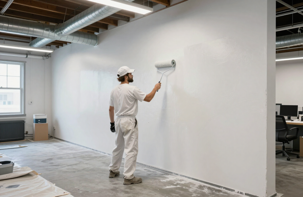 Illustrative commercial painting scene in a Moonachie NJ warehouse office with a painter rolling durable commercial-grade paint