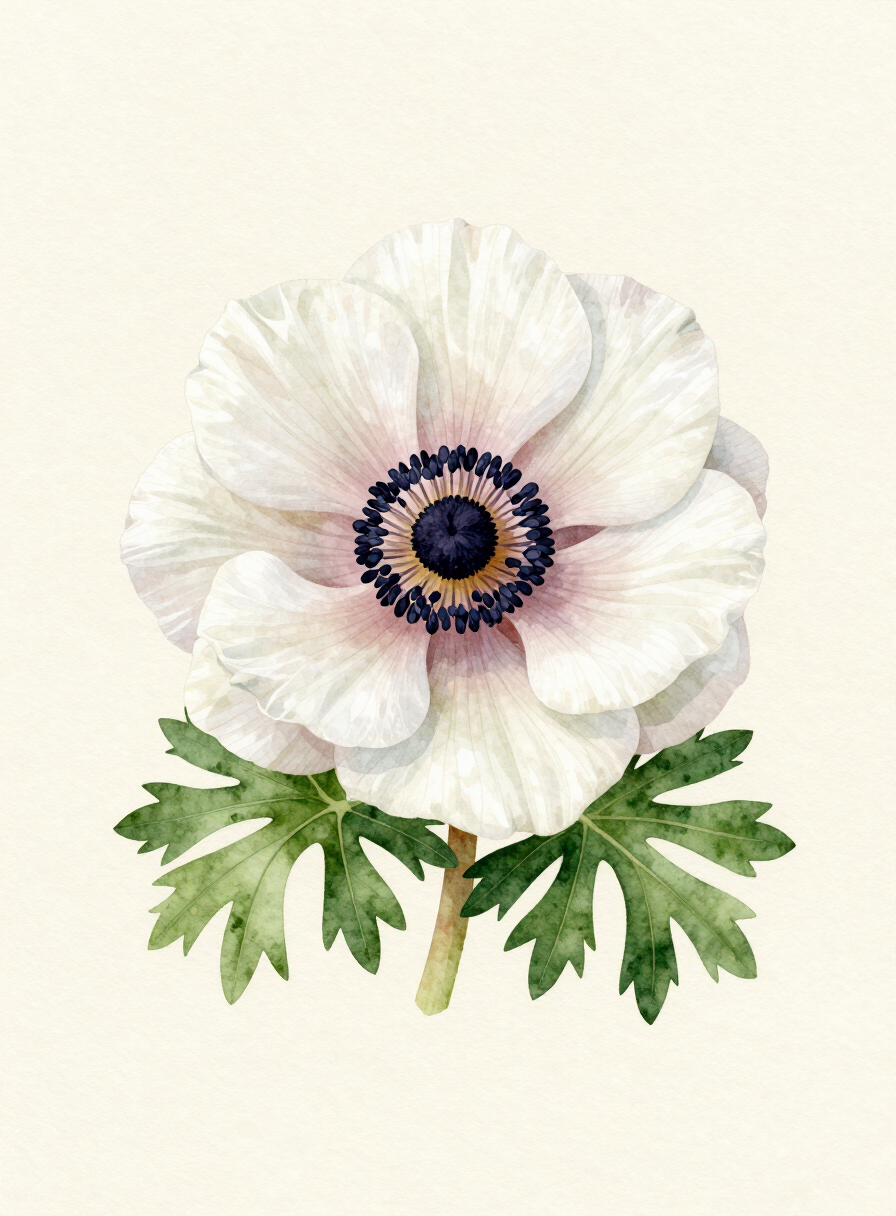 Watercolor painting of a white Anemone
