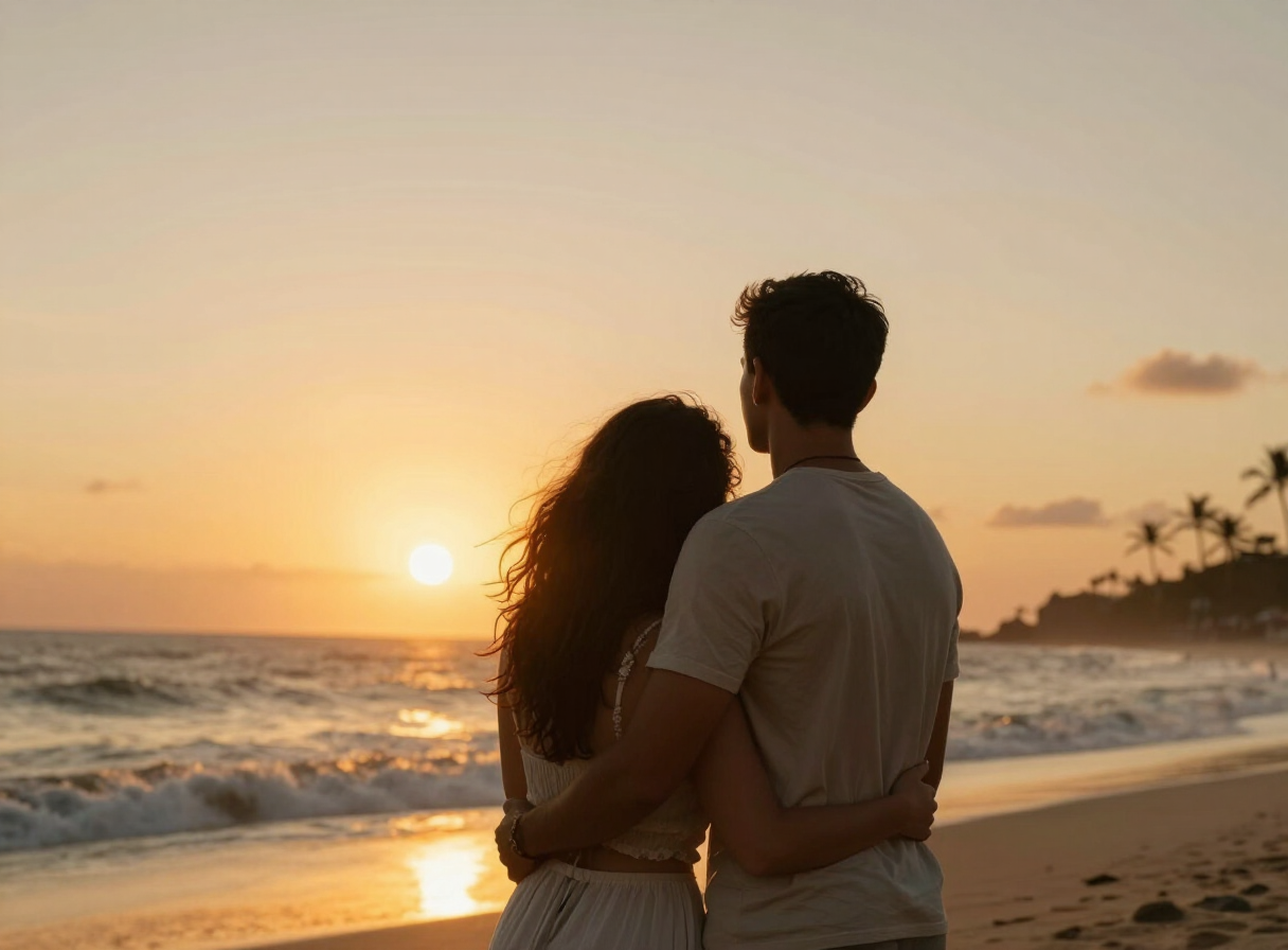 Casal abraçado ao pôr do sol na praia, reconciliado