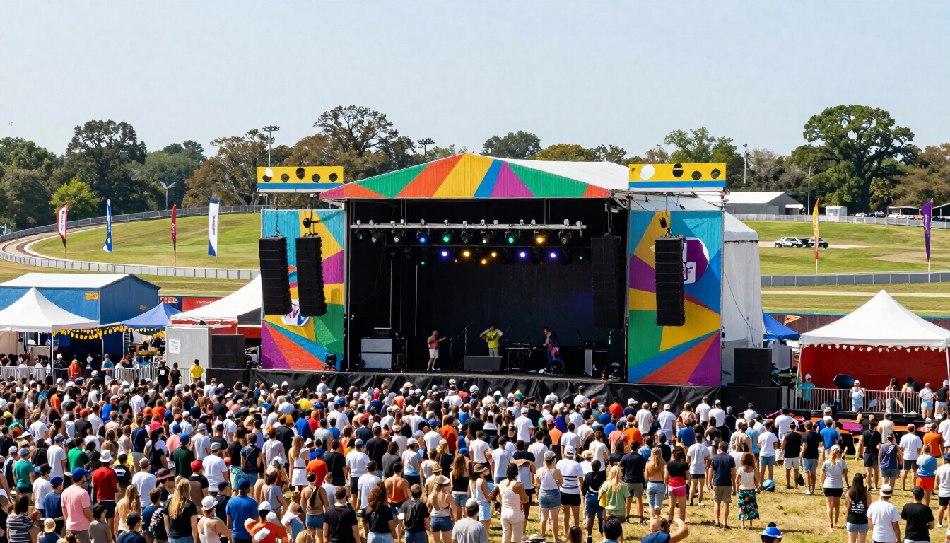 Colorful main stage at New Orleans Jazz & Heritage Festival with crowd and fair grounds in background.