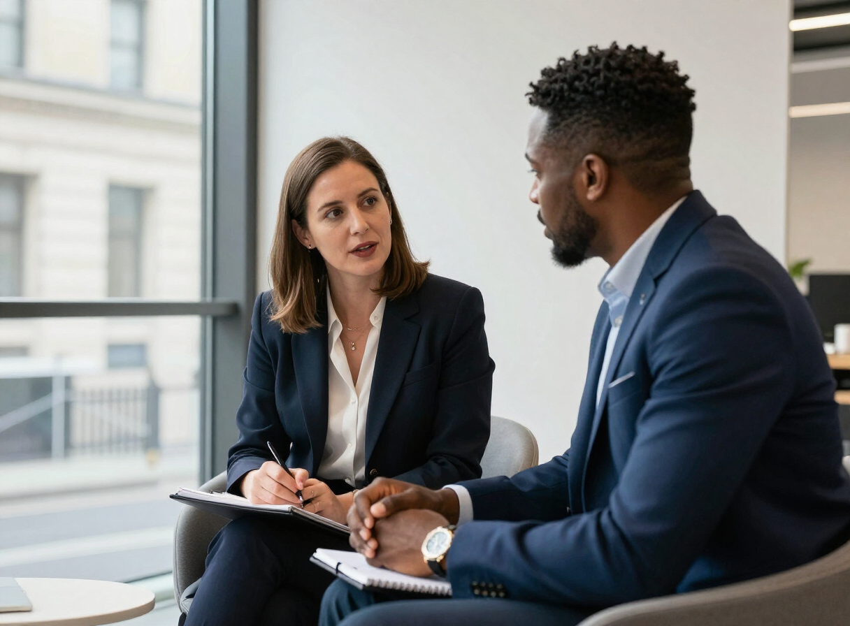 Two professionals building understanding through a mentoring conversation