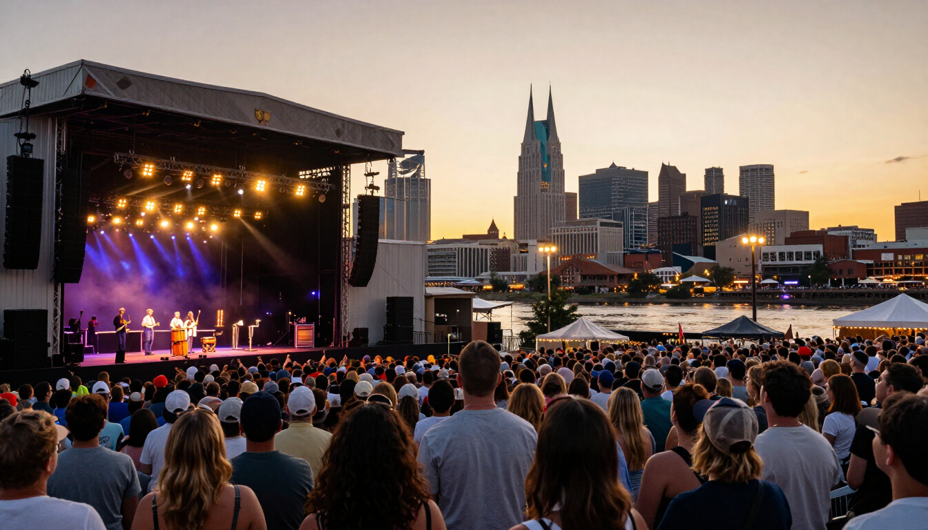 Crowd watching an outdoor concert stage in downtown Nashville with the city skyline and Cumberland River visible at sunset