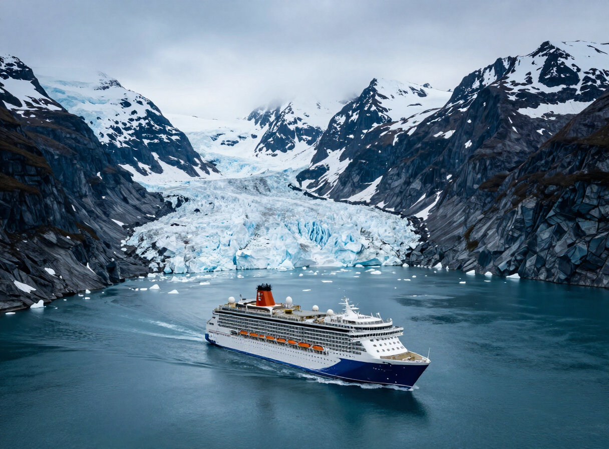 Cruise ship among Alaskan glaciers