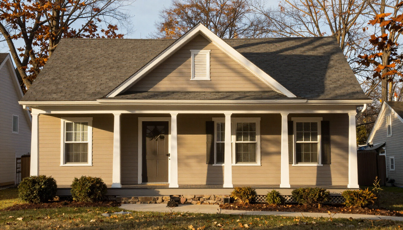 Hasbrouck Heights NJ craftsman bungalow with warm earth-tone taupe siding and deep front porch