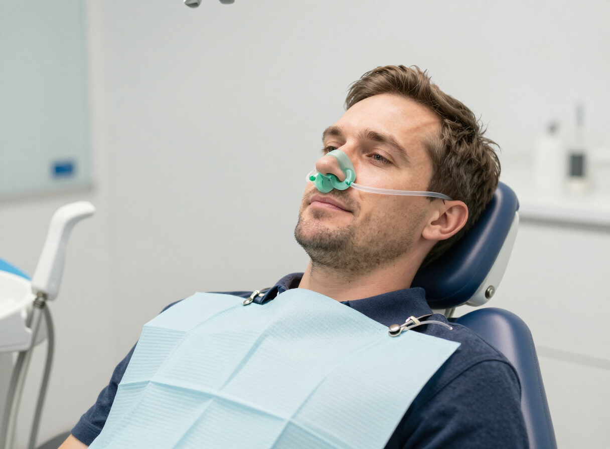 Patiënt wakker en ontspannen met een lachgasmasker op de neus