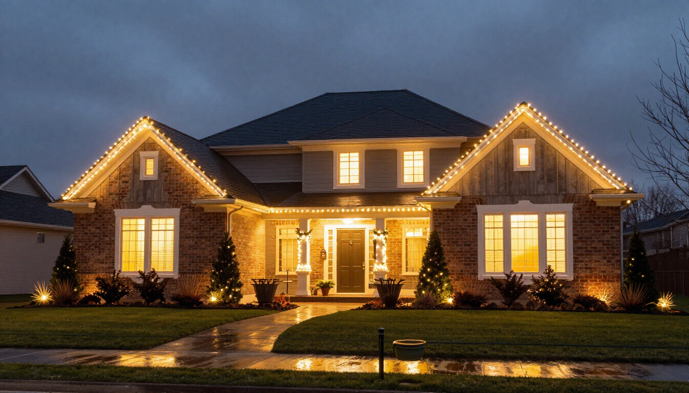 Globe-bulb Christmas lights in Surrey with vintage festive soffit lighting and designed seasonal mounting.